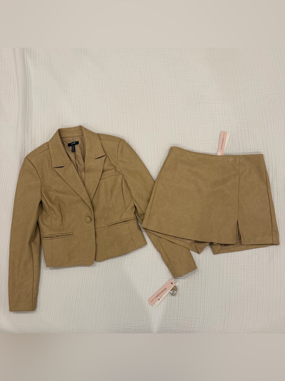 bloomingdale’s exclusive aqua faux leather blazer + skort set